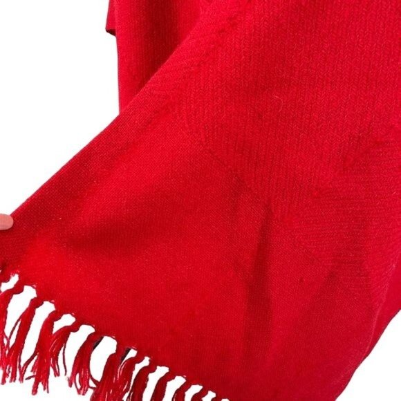 Handwoven Fringed Wool Poncho Red Churchill Artisan Made Shawl Wrap - Christmas - Picture 4 of 8